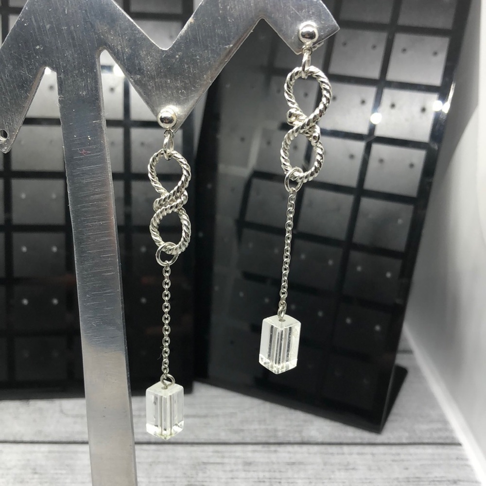 SILVER tone infinity long crystal cube bead dangle drop chain earrings dressy.